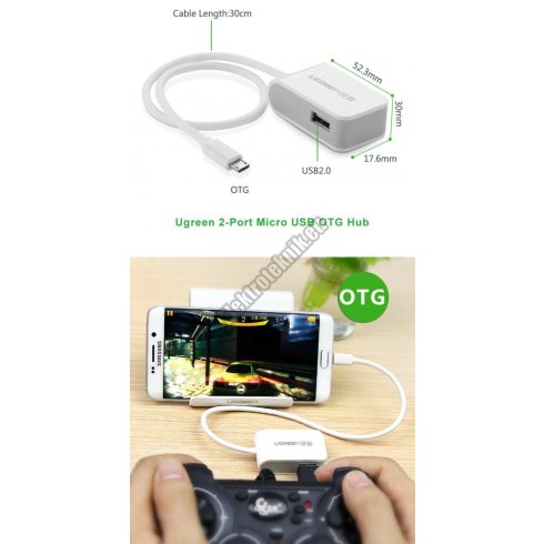 19007 2 portos OTG USB HUB, microUSB 2.0-vel, fehér